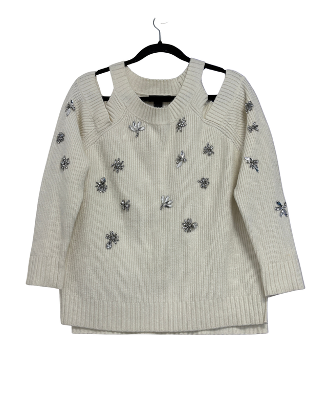 INC International Concepts Off-White Embellished Cold-Shoulder Sweater