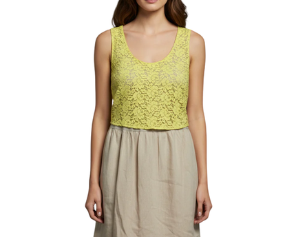 Massimo Dutti Yellow & Beige Lace Linen-Blend Sleeveless Dress