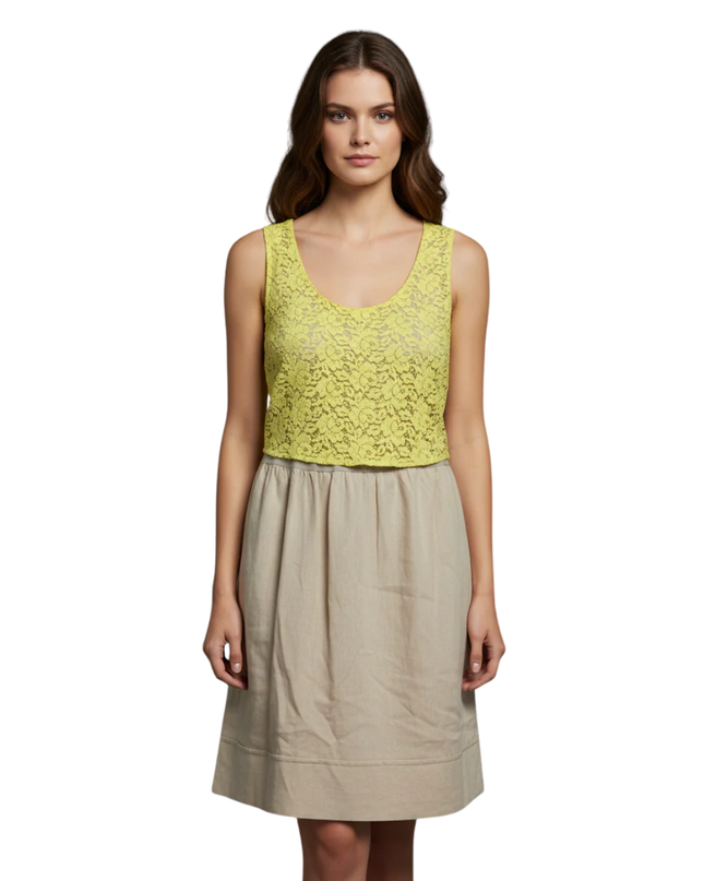 Massimo Dutti Yellow & Beige Lace Linen-Blend Sleeveless Dress