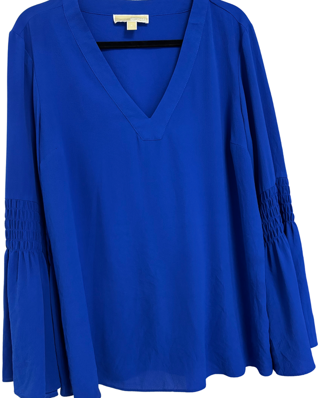 Michael Kors Royal Blue Smocked Bell Sleeve V-Neck Blouse