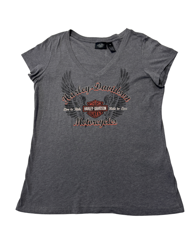 Harley Davidson Grey V-Neck Graphic Wings Tee
