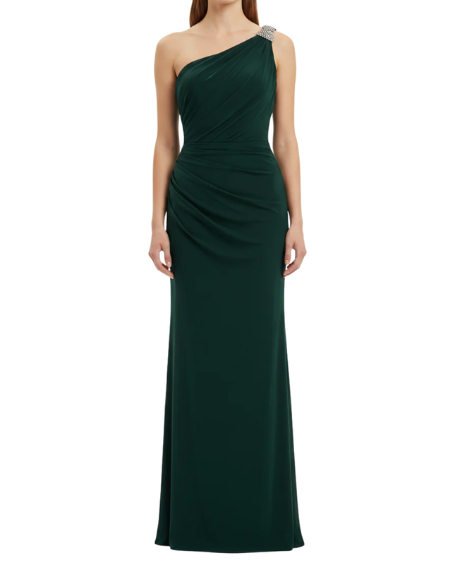 Lauren Ralph Lauren Green One-Shoulder Ruched Maxi Gown