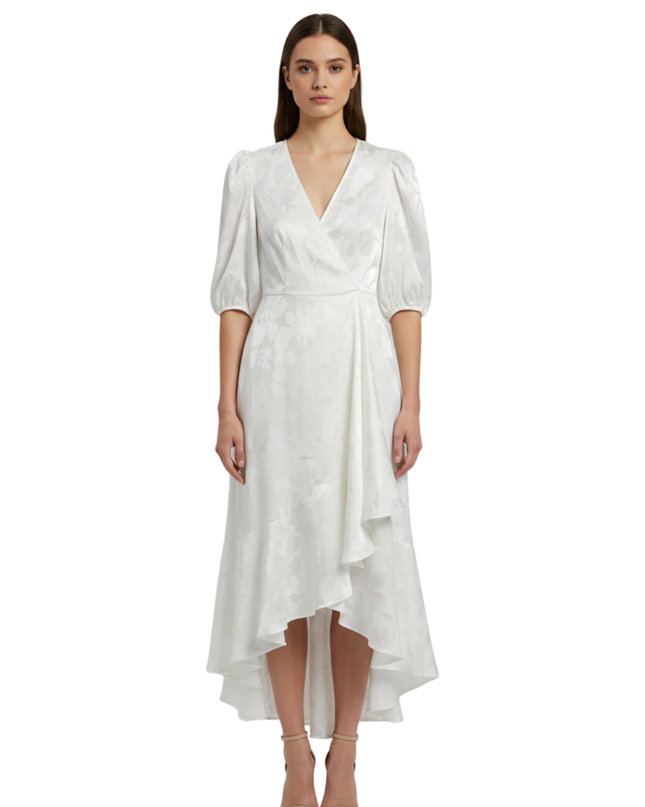 Calvin Klein White Floral Jacquard Wrap Midi Dress