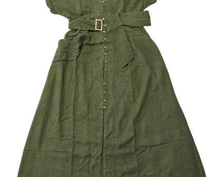 Zara Olive Green Belted Linen-Blend Midi Shirt Dress