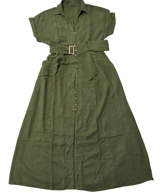Zara Olive Green Belted Linen-Blend Midi Shirt Dress