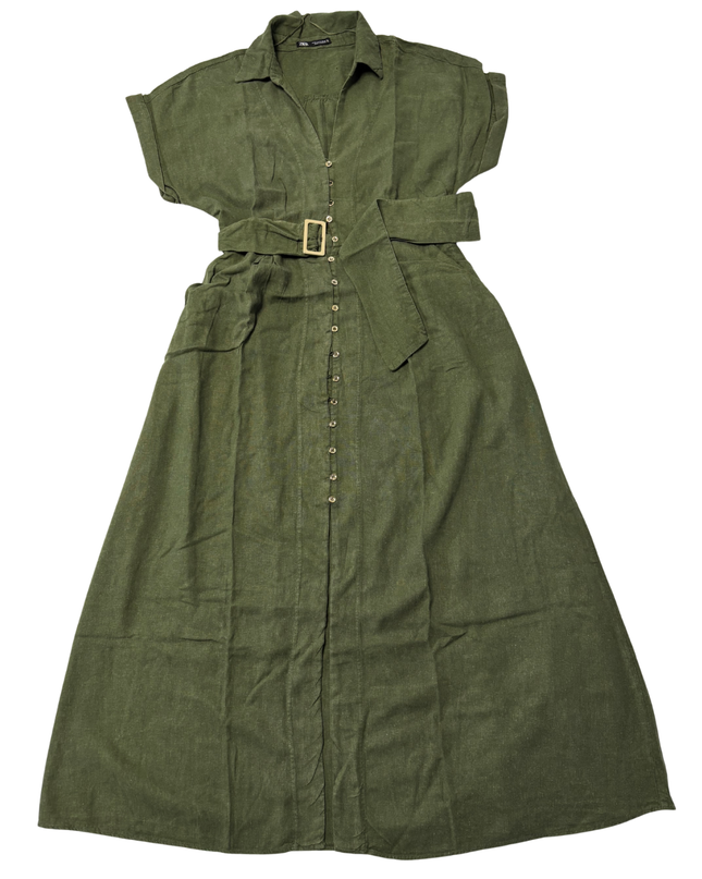 Zara Olive Green Belted Linen-Blend Midi Shirt Dress