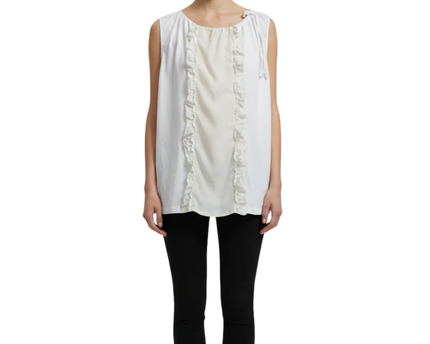 Prada White Sleeveless Top with Silk Ruffle Front