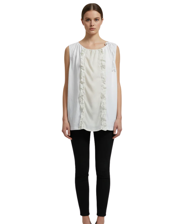 Prada White Sleeveless Top with Silk Ruffle Front