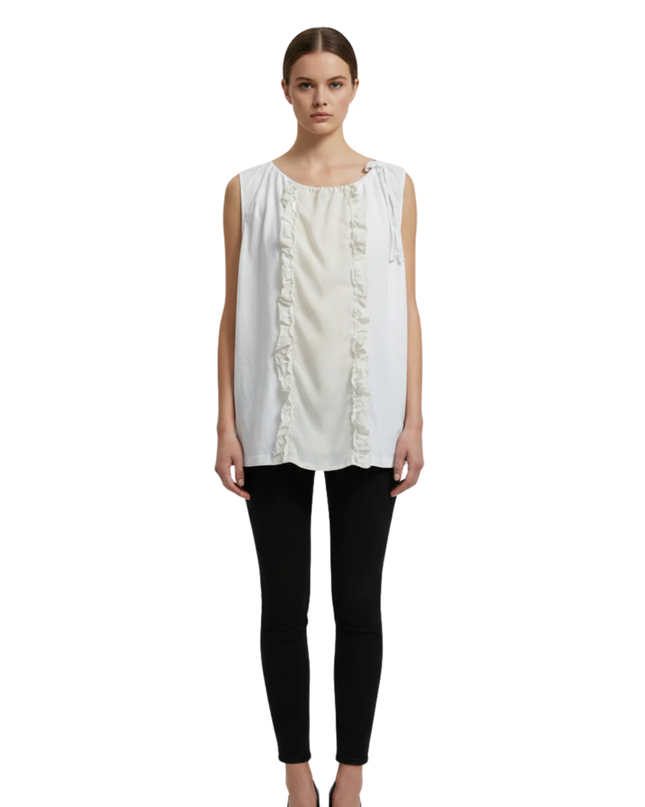 Prada White Sleeveless Top with Silk Ruffle Front