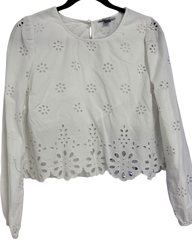 American Eagle White Floral Eyelet Scalloped Hem Blouse