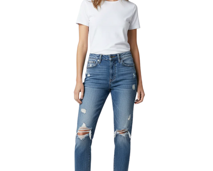 Angel Kiss Blue Distressed High-Rise Tapered Jeans