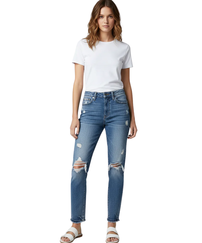Angel Kiss Blue Distressed High-Rise Tapered Jeans