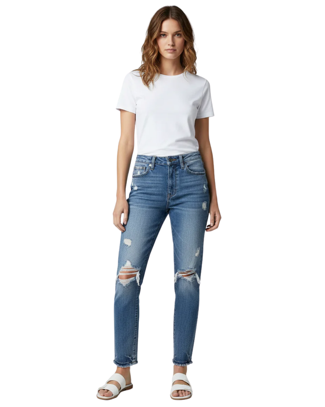 Angel Kiss Blue Distressed High-Rise Tapered Jeans