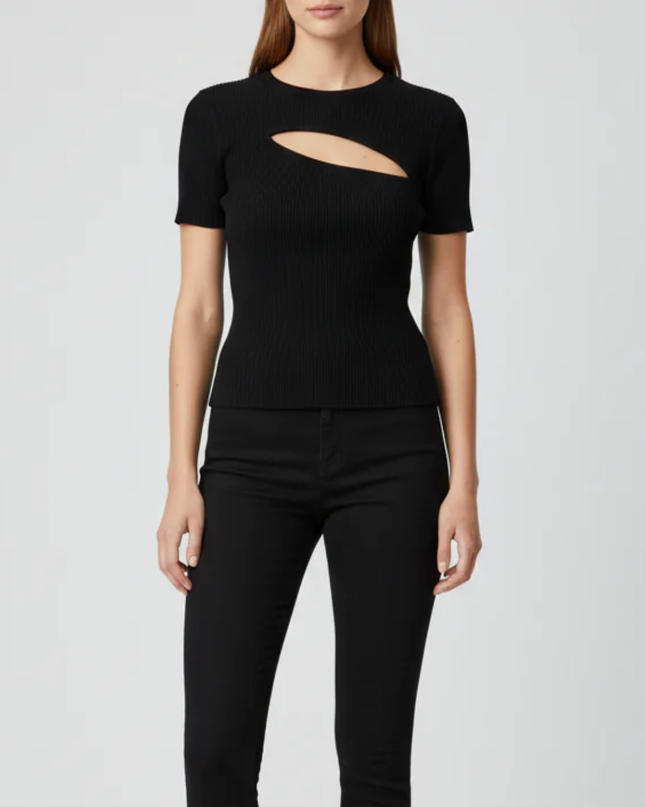 Bershka Black Ribbed Cut-Out Short Sleeve Crop Top