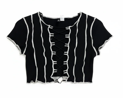 H&M Divided Black Lace-Up Lettuce Edge Ribbed Crop Top
