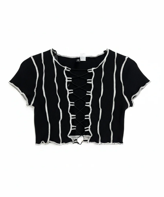 H&M Divided Black Lace-Up Lettuce Edge Ribbed Crop Top