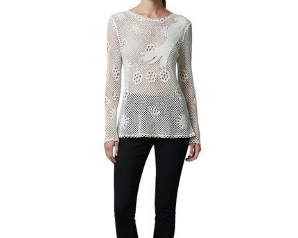 Maje White Crochet Floral and Bird Motif Long Sleeve Top