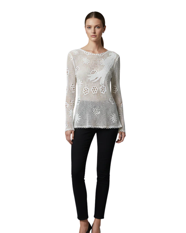Maje White Crochet Floral and Bird Motif Long Sleeve Top
