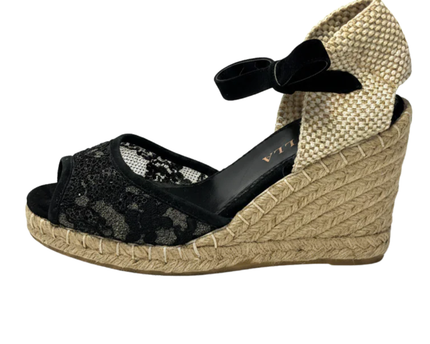 Le Silla Black Lace and Sequin Wedge Espadrilles