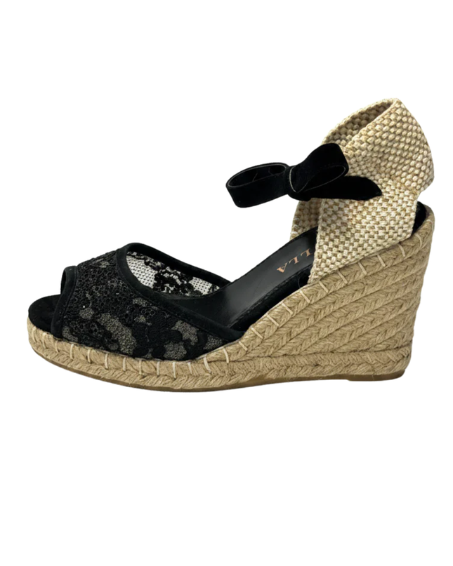 Le Silla Black Lace and Sequin Wedge Espadrilles