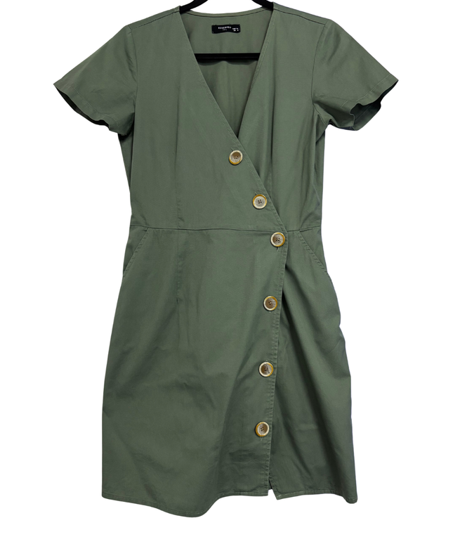Reserved Olive Green Short Sleeve Button-Down Mini Dress