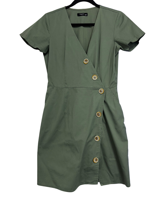 Reserved Olive Green Short Sleeve Button-Down Mini Dress