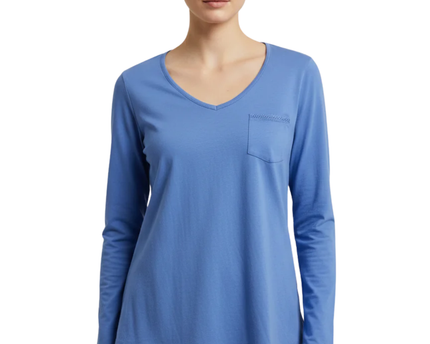 Blue Long-Sleeve V-Neck T-Shirt with Lace Pocket Detail