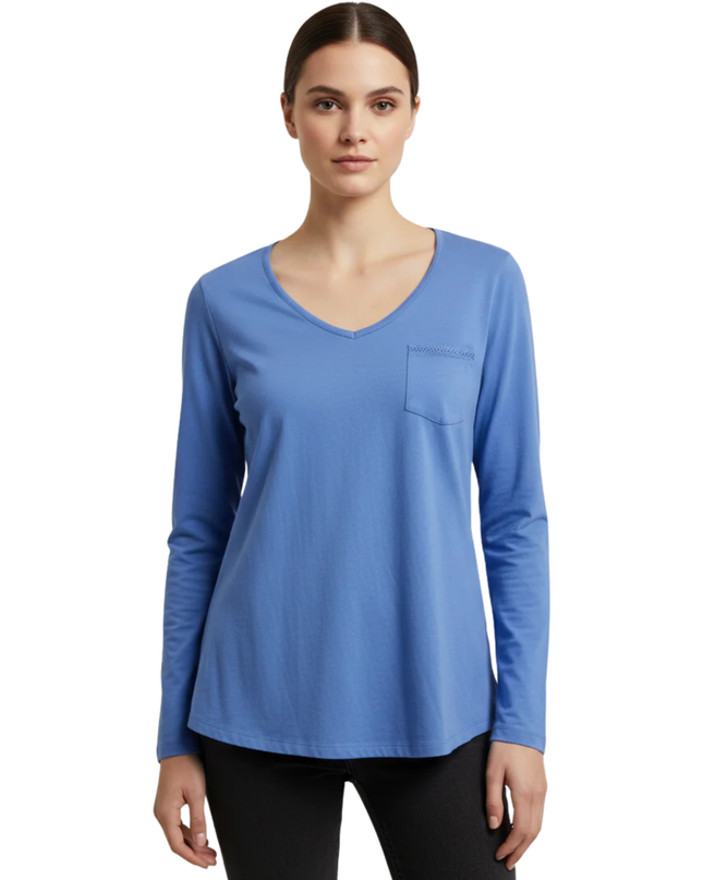 Blue Long-Sleeve V-Neck T-Shirt with Lace Pocket Detail