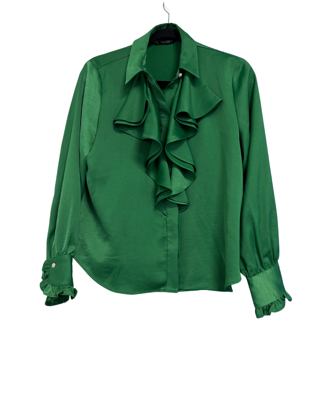 Zara Green Ruffle Front Satin Finish Blouse