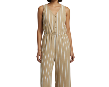 Anko Tan/White Striped Sleeveless V-Neck Wide Leg Jumpsuit