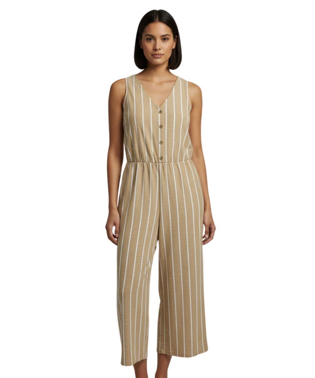 Anko Tan/White Striped Sleeveless V-Neck Wide Leg Jumpsuit