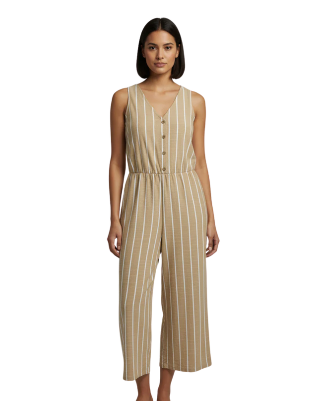 Anko Tan/White Striped Sleeveless V-Neck Wide Leg Jumpsuit