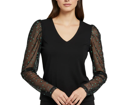 RESERVED Black V-Neck Top with Polka Dot Mesh Sleeves