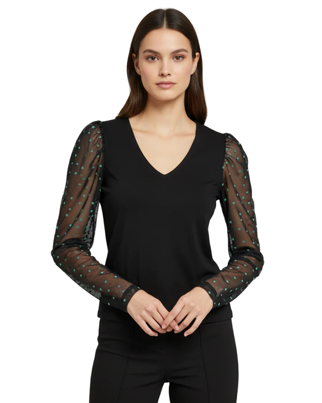 RESERVED Black V-Neck Top with Polka Dot Mesh Sleeves