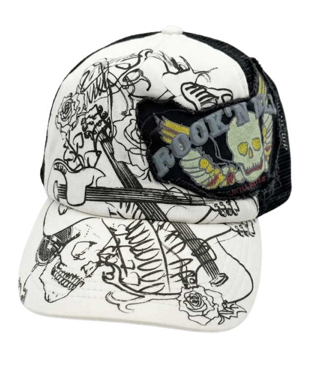 Martin Benz White and Black Rock 'N' Roll Punk Doodle Trucker Cap