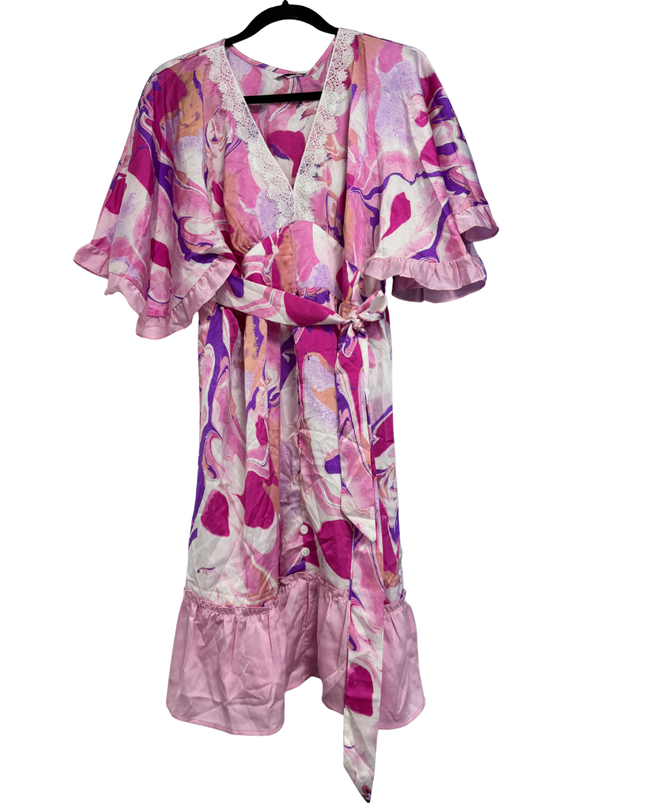 ANANY Pink Multi Marble Print V-Neck Ruffle Mini Dress