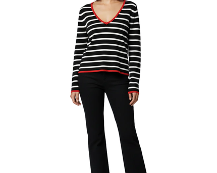Zara Black and White Striped V-Neck Knit Sweater with Red Trim