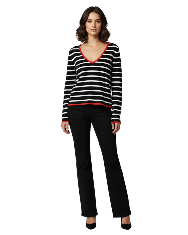 Zara Black and White Striped V-Neck Knit Sweater with Red Trim