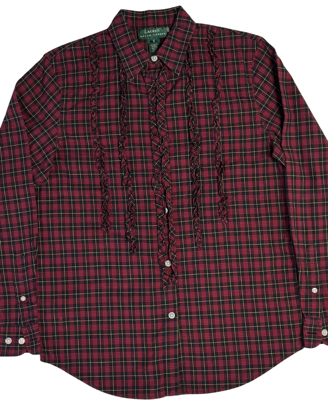Ralph Lauren Red Plaid Ruffle Front Blouse
