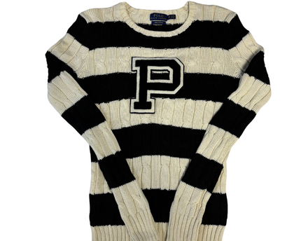 Polo Ralph Lauren Black and White Striped Cable Knit Pima Cotton Sweater