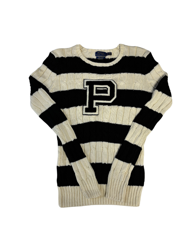 Polo Ralph Lauren Black and White Striped Cable Knit Pima Cotton Sweater