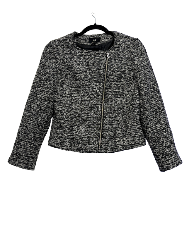 H&M Black and White Bouclé Moto Style Jacket