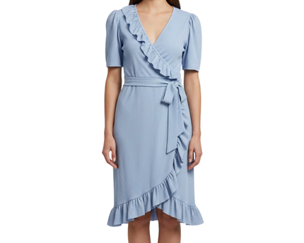 Boohoo Light Blue Ribbed Wrap Ruffle Dress