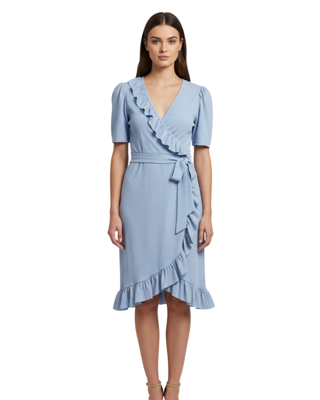 Boohoo Light Blue Ribbed Wrap Ruffle Dress