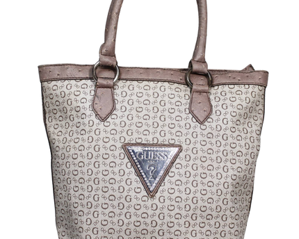 Guess Brown Logo Print Ostrich Trim Tote Bag