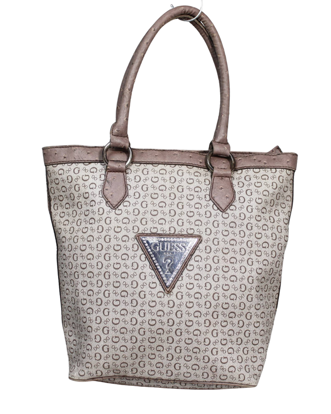 Guess Brown Logo Print Ostrich Trim Tote Bag