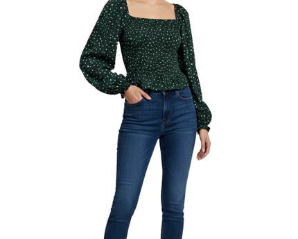 Abercrombie & Fitch Green Polka Dot Square Neck Smocked Blouse