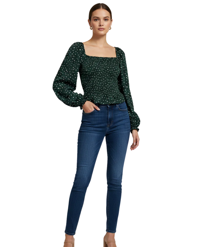 Abercrombie & Fitch Green Polka Dot Square Neck Smocked Blouse