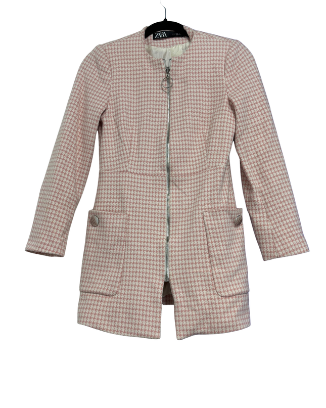 Zara Pink Houndstooth Longline Zippered Jacket
