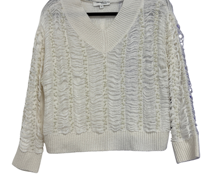 Vero Moda White Pearl Embellished Distressed V-Neck Sweater